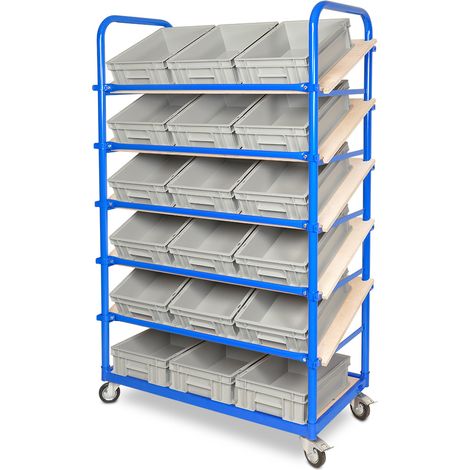BRB Schrägboden-Regalwagen mit 6 Ebenen, BxTxH 1050x500x1690 mm bestückt mit 18 Euroboxen BxTxH 400x300x120 mm (grau)