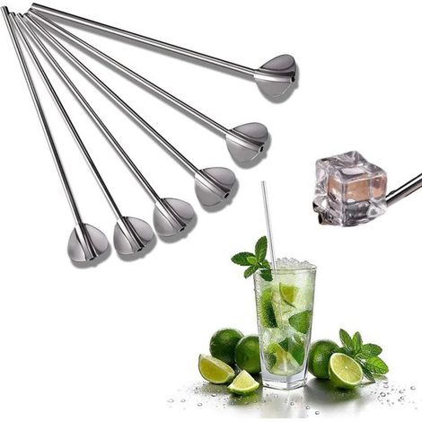 Set di 6 pezzi in acciaio inox con cannucce e cucchiaini,Cannucce in metallo riutilizzabili con cucchiaini,A forma di cuore (argento) (1/2)
