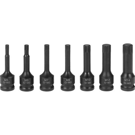 Coffret de douilles à impact 3/8" (7 pièces, tailles métriques : 5 mm, 6 mm, 7 mm, 8 mm, 10 mm, 12 mm et 14 mm) XZN, embouts cannelés triples carrés, en acier Cr-Mo. (1/3)