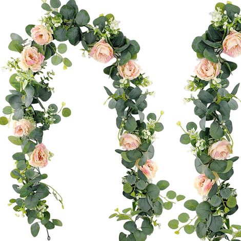 Artificial Eucalyptus Garland with Pink Flowers, Pack of 2 180 cm Hanging Garland with Roses, Floral Decoration for Wedding, Table, Arch, Door, Garden (1/5)