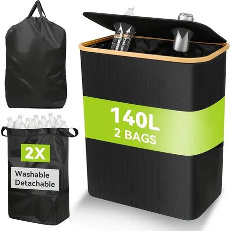 Poubelle noire à double compartiment de 140 L avec 2 poches intérieures, collecteur de déchets, conteneur à déchets mobile, seau de collecte de bouteilles. (1/5)