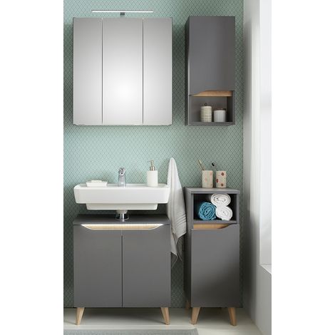 Badmöbel Set mit Füßen in Holzoptik QENA-66 in Quarzgrau Matt Touch mit Riviera Eiche Nb., B/H/T ca. 110/190/33 cm (1/5)