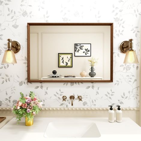 Miroir Mural 45x65cm, Marron Effet Bois, Rectangulaire, Verre Trempé (1/5)
