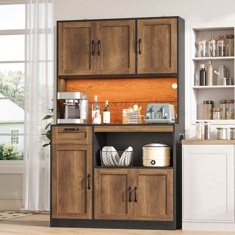 Mueble de cocina, armario alto con iluminación LED y enchufes, despensa con 6 puertas y 1 cajón, vitrina para salón y comedor, 110 × 40 × 180 cm (1/5)