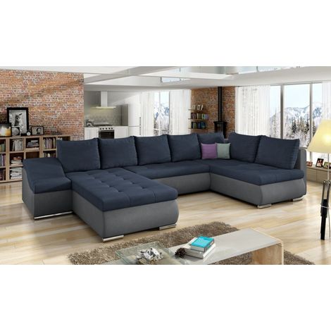 Canapé panoramique convertible JONAZ simili cuir, tissu - Rangement integré A gauche-Gris/Bleu foncé-Méridienne A gauche (1/5)