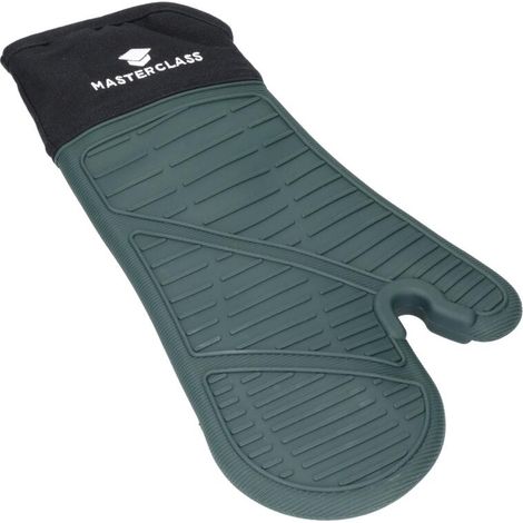 MasterClass Guanti da forno in silicone, guanti resistenti al calore con imbottitura di cotone, antiscivolo su un lato per cucinare e cuocere, senza BPA, nero/verde scuro