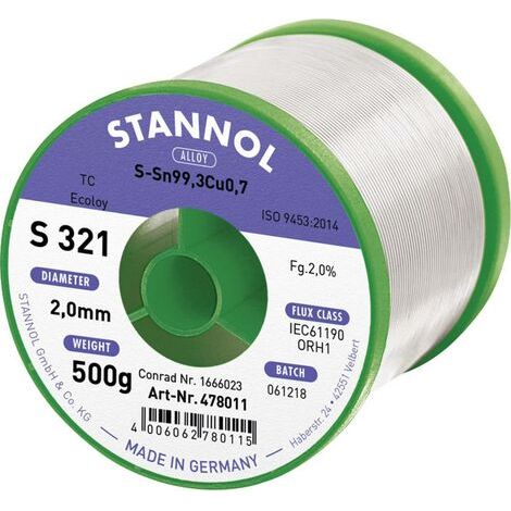 Stannol S321 2,0% 2,0MM SN99,3CU0,7CD 500G Étain à souder sans plomb sans plomb, bobine Sn99,3Cu0,7 ORH1 500 g 2 mm (1/3)