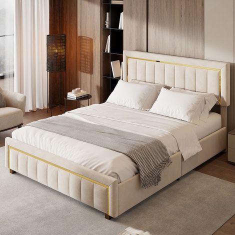 Letto matrimoniale 160x200 cm - Tessuto Lino-Cotone - Beige - Sommier a doghe incluso - Senza materasso