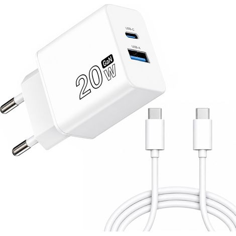 Cargador GaN 20 W. con puertos USB-A y USB-C. incluye cable USB-C a USB-C de 100 cm. (1/4)