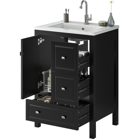 Meuble vasque de salle de bain noir avec lavabo céramique, 3 tiroirs et 1 porte, MDF laqué résistant à l'humidité, 62 x 47 x 90 cm, style rétro élégant  CHICFURN (1/5)