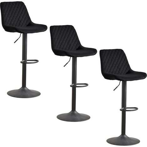 AINPECCA Velvet Black Bar Stools Set of 3 Modern Swivel Height Adjustable Barstools with Black Metal, Armless Large Padded Cushion Breakfast Counter Chairs for Kitchen Island, Pub, Restaurant, Café