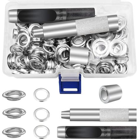 Ojales para lona de 12 mm, kit de herramientas para ojales, juego de 100 ojales metálicos para reparación de carpas de lona, plateados (1/2 pulgada) (1/4)