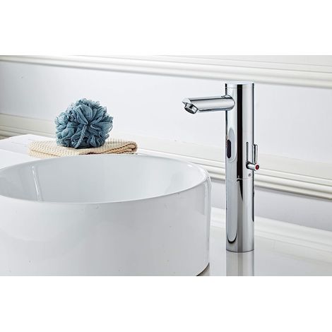 Robinet Salle de Bain Automatique Infrarouge, Mitigeur Lavabo Haut Sans Contact en Laiton Chromé, Robinetterie Détection pour Vasque à Poser et Lave-Mains, Réglage Eau Chaude Froide Monotrou (1/5)