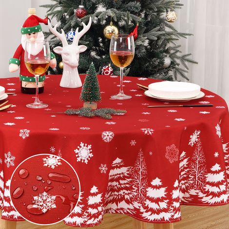 Nappe de Noël imperméable & anti-taches, essuyable, polyester infroissable – motif flocons de neige & pin – pour repas & fêtes – Ronde Ø 152 cm – Rouge – 60ROUND(Germany)