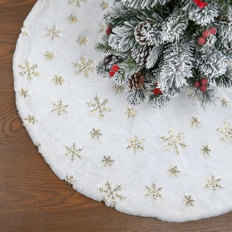 Jupe de Sapin de Noël, 78 cm/30 Pouces Tapis Sapin Noël Blanc Rond avec Flocon de Neige Paillettes dorées,Jupe de Sapin de Noël en Fausse Fourrure Blanche épaisse et Douce (1/5)