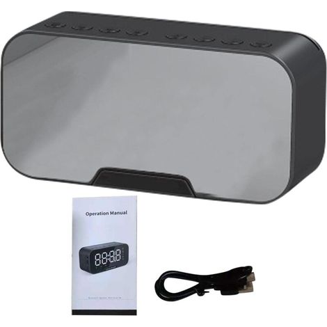 Lntyq Radio-réveil numérique FM avec port de charge USB, affichage LED, minuteur de sommeil, miroir portable, haut-parleur Bluetooth sans fil, réveil pour chambre à coucher, bureau (noir)