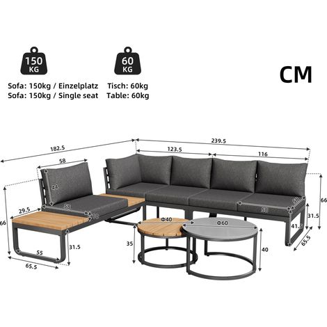 ELVMI Gartenlounge Set mit 2 Zweisitzer Sofas, 1 Sessel mit Seitentischen und 2 Couchtischen, Eisen, Grau (1/4)