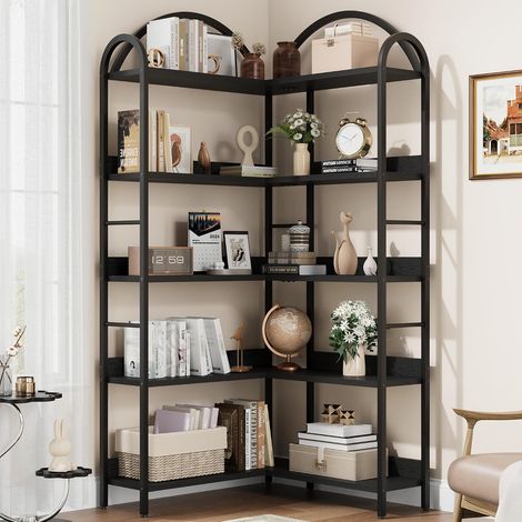 Bibliothèque d'angle 5 niveaux en L cadre métal noir 147H×54L×24P cm salon bureau chambre (1/5)