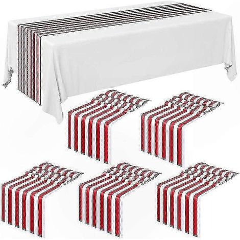 Chemin de table rayé rouge et blanc, lot de 6, en polyester, idéal pour les mariages et les événements. (1/5)