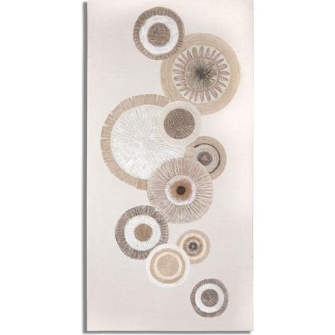 Dipinto su tela Circly con inserti A cerchi materici marroni e crema 50x100 cm