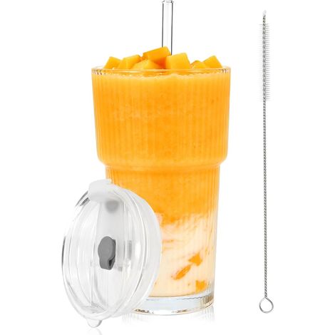 Lot de gobelets de cuisine en verre à motif vertical, 500 ml, avec couvercle et paille, design hermétique et étanche, idéal pour café, smoothies, cocktails (1 pièce) (1/5)