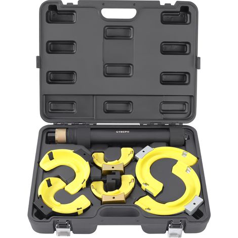 TECPO McPherson Federspanner Satz Universal Spannkraft 1050 kg, max. Spannweite 300 mm, 3 Spannkopfpaare (65-212 mm), mit Schutzbacken und Distanzstück 30 mm geeignet für Audi, BMW, Toyota, VW, Opel