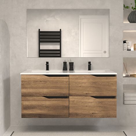 Meuble de salle de bain 120cm double vasque - 4 tiroirs - tabaco (bois foncé) - LUNA (1/5)