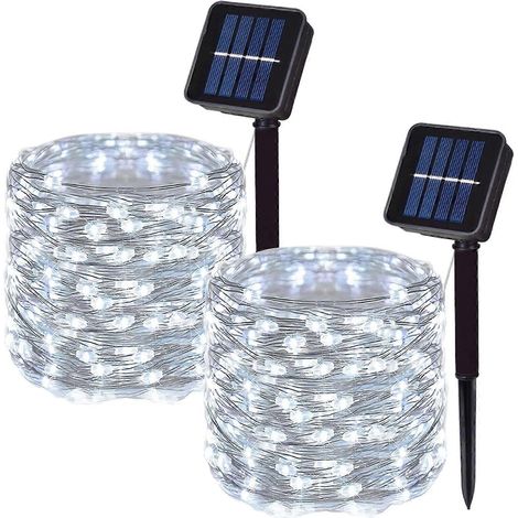 Guirlande lumineuse solaire d'extérieur à LED fil de cuivre 12 m 100 LED 2 pièces blanche (1/5)