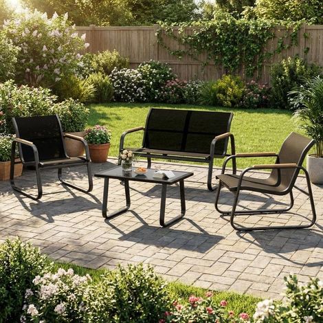 Ensemble salon de jardin 4 pièces tissu Textilene cadre acier 2 fauteuils canapé table basse verre trempé (1/5)