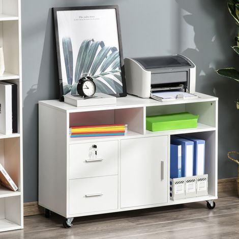 Chariot mobile pour imprimante avec 2 tiroirs verrouillables, 3 étagères et un placard, idéal pour le bureau et la salle d'étude, 100 x 35 x 65 cm, blanc (1/5)