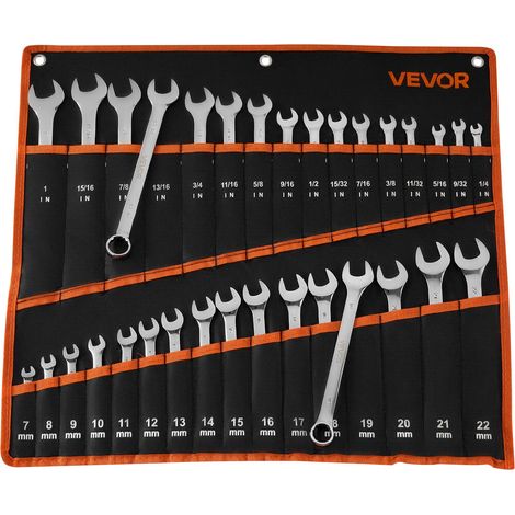 VEVOR Set di Chiavi Combinate a Cricchetto 32 Pezzi, Chiavi a Cricchetto Metriche e SAE, Profilo a 12 Punti e Bocca Angolata a 15°, in Acciaio al Carbonio, con Custodia Arrotolabile, Finitura Argento (1/5)