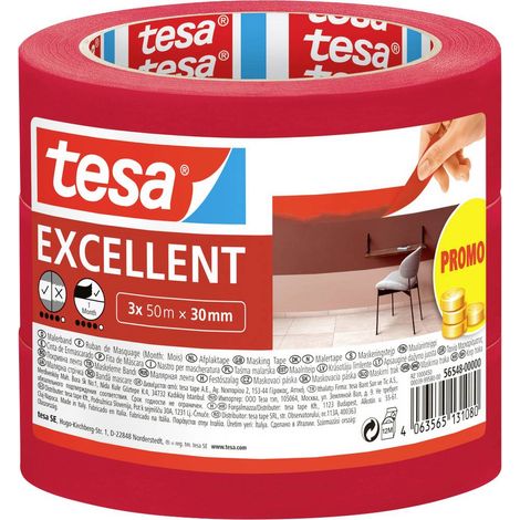 tesa Nastro per Mascherature Excellent - Nastro adesivo da pittura in carta sottile per lavori di verniciatura - Per tutte le tinte, vernici e smalti - Uso interno - 3x 50 m x 30 mm