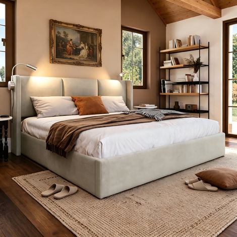 Lit Coffre 160x200 cm avec 2 liseuses, lit double fonction hydraulique, lit rembourré avec USB, Matelas Non Inclus, lin, Beige, MDF, pour Adolescents et Adultes (1/5)