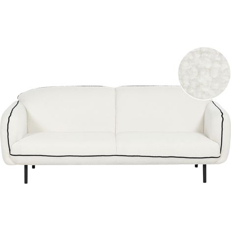 Sofá 3 plazas retro glamour art deco bouclé tapicería de vellón patas de metal bordes negros sala de estar blanco Tonsberg