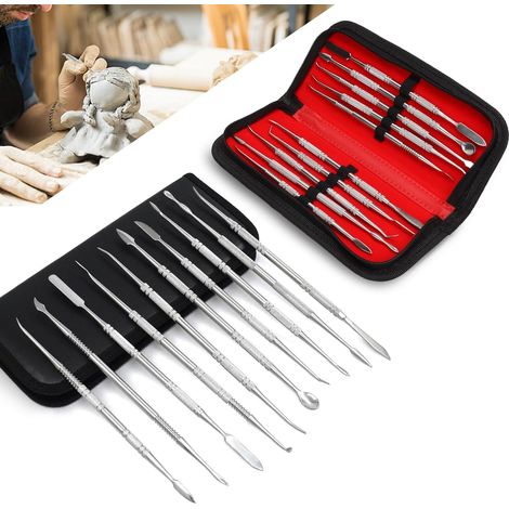 Lot de 10 outils de sculpture à double extrémité en acier inoxydable pour sculpture de cire, outils de poterie pour sculpter, sculpture en céramique avec sac de rangement (1/5)