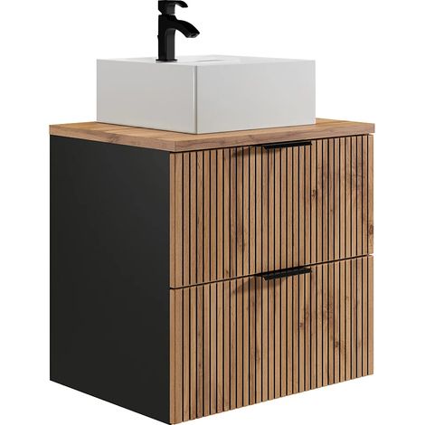 Mobile per bagno sospeso con scanalature con lavabo da appoggio quadrato Naturale chiaro e nero 60 cm - MADELA (1/5)