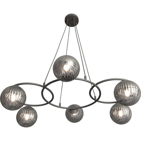 Lampadario 6 Luci Libra A Cerchi E Diffusori In Vetro Rigato Fumè (1/2)