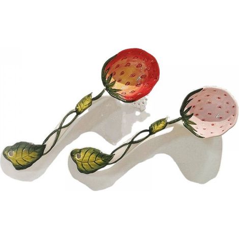 Cuillère Céramique - Design Fraise Rose Et Rouge - Tige Longue Ergonomique - Pour Desserts Et Boissons - Lot De 2