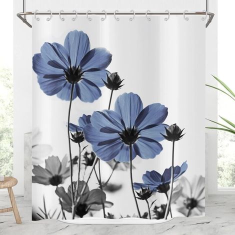 Floral Shower Curtain 180x180cm, Blue and Grey Elegant Daisy Wildflower Farmhouse Design Waterproof Polyester Washable Fabric Bath Curtain with Hooks (1/5)
