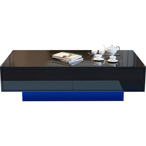 Mesa de centro negra brillo alto 115 x 55 x 34 cm con 2 cajones y LED (1/5)
