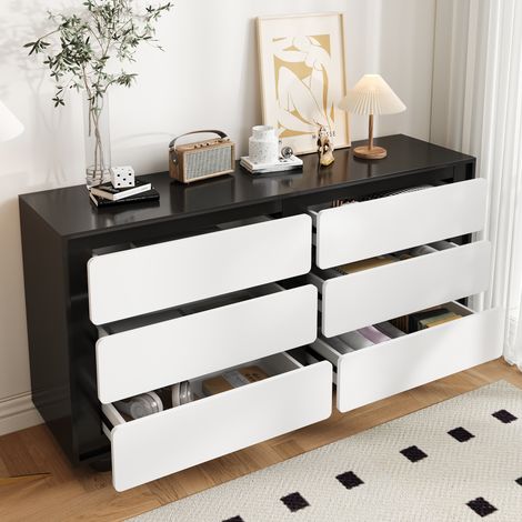 Buffet Und Kommode mit 6 Schubladen, Abgerundeten Kanten, Metallfüßen, Modernes Design, aus Spanplatte, 140×38×74,5 cm, Schwarz Weiß