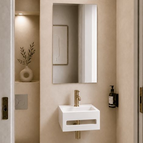 Pack lave-mains : vasque suspendu + robinetterie et siphon or brossé + miroir (1/5)