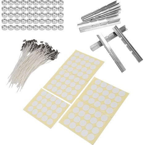 260 Kerzendochte (15 cm), 100 doppelseitige Klebestreifen, 50 Kerzenhülsen, 10 Dochthalter aus Edelstahl, 14 g Aluminiumhülse (gelb) (1/5)