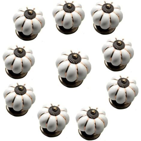 Lot de 10 boutons de tiroir vintage en céramique en forme de citrouille, avec 3 types de vis (22/25/30 mm) (blanc) (1/5)