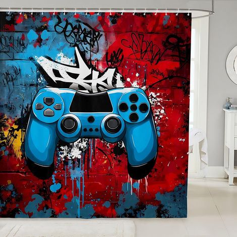 Rideau Douche 180x210cm Jeu Moderne Rideaux de Douche Consoles de Jeu Vintage Rideau de Baignoire Gamer Style Doodle Rideaux Salle de Bain Art Mural Graffiti - 180L X 210H cm (1 Panneaux) (1/5)