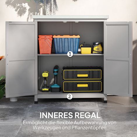 Armoire de jardin en bois pour extérieur, résistante aux intempéries, cabanon avec plan de travail, double porte, étagère intérieure, rangement polyvalent terrasse, 79 x 43 x 92 cm, gris. (1/5)