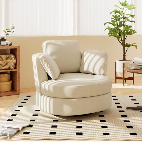 Sillón giratorio de chenilla beige, con cojines laterales y respaldo lumbar, asiento de espuma y base metálica (1/5)