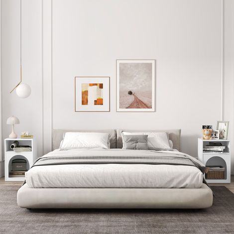 Lot de 2 tables de chevet. table de nuit avec compartiments ouverts. design arqué. 40 x 30 x 60 cm. blanc