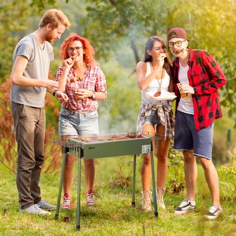 Barbecue charbon 2 grills acier inoxydable portable 2 étagères épices camping 94x39x70cm, vert