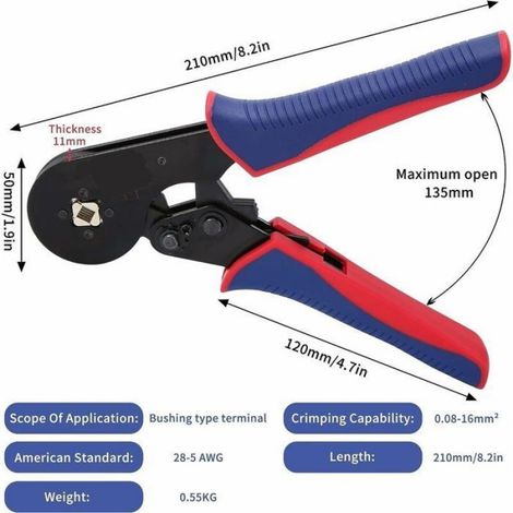 Pince Sertissage Virole 16-4 AWG 30-5 (0.08-16mm²), À Cliquet, Outils Sertir Mâchoires Carrées (1/4)
